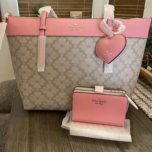 Kate Spade Pink and Tan Tote with Heart Charm and WALLET